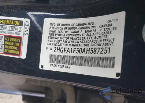 2010 Honda Civic Lx from USA, damaged, VIN 2HGFA1F50AH587251